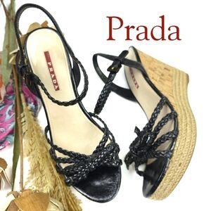 Prada Black Women's  Platform Wedge Sandals Sz 37